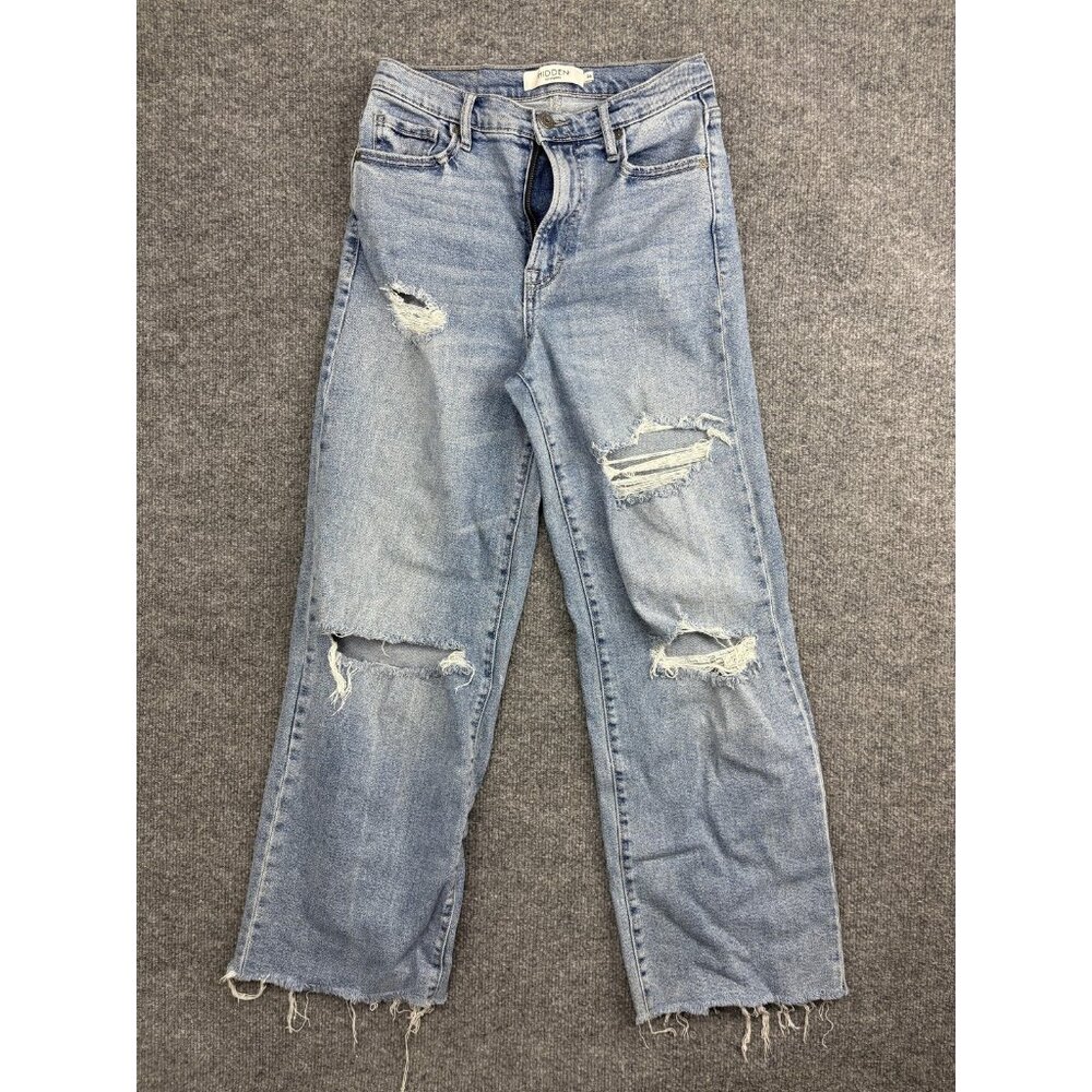 Hidden Relaxed‎ Straight Jeans Womens 26 Light Wash High Rise Distressed Raw Hem